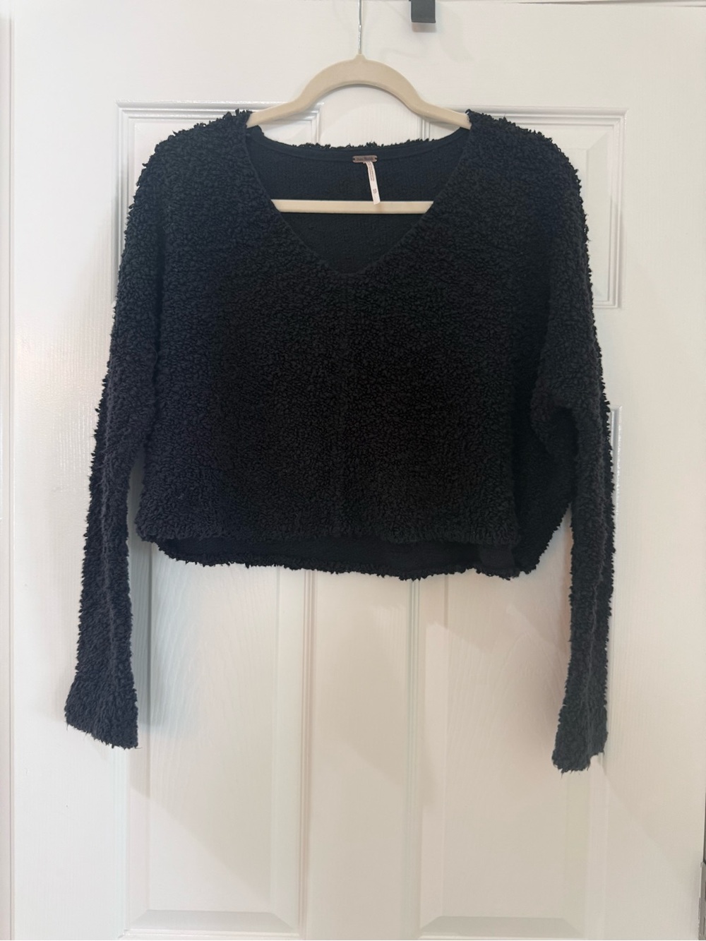 Free People Black Crop Fuzzy V-Neck Sweater
